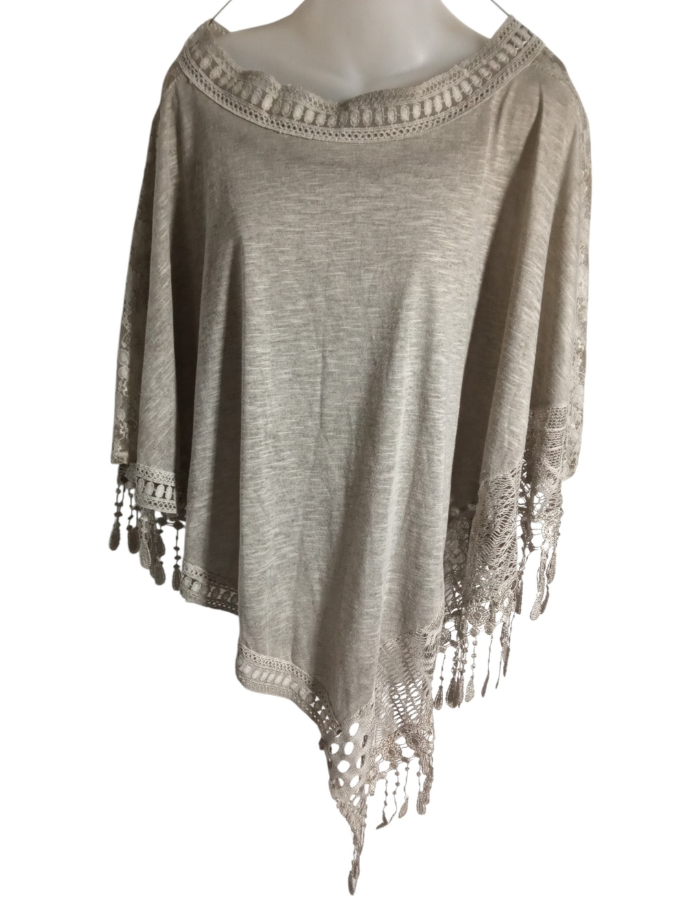 South Main Grey Crochet Fringe Poncho Boho Tassel Asymmetrical Top Sz L/XL